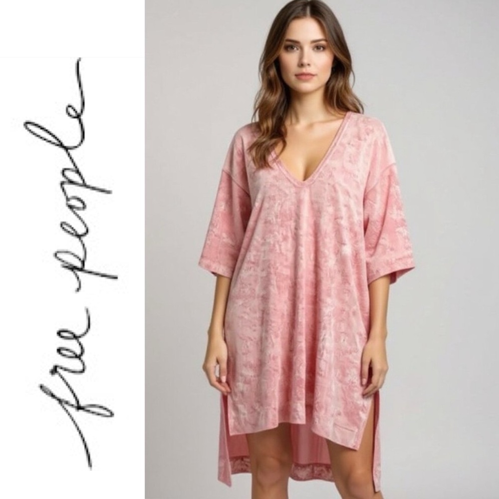 Free People The Luxe Crushed Velvet Pink Short Sleeve Hi Lo Tee Tunic Dress
